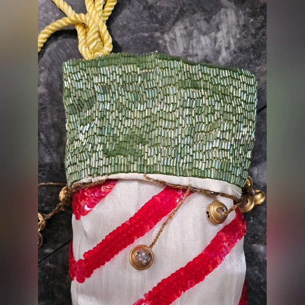 Wayne M‎ Kleski Beaded Large Christmas Jester Elf Bell Stocking 25